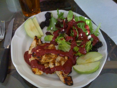 70’s Big meals can still be presentable for mixed company. Pictured: 3/4 grilled chicken, apple wedges, blackberries, and salad doused in feta cheese and EVOO, all covered with a raspberry glaze.