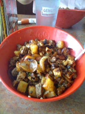 Mongolian BBQ is proof that God loves us. Pictured- 1.5 lbs. of steak, chicken, sausage, pork, and other stuff.