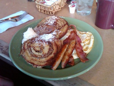 Cinnamon roll french toast, eggs, bacon, and sausage in San Diego this past weekend